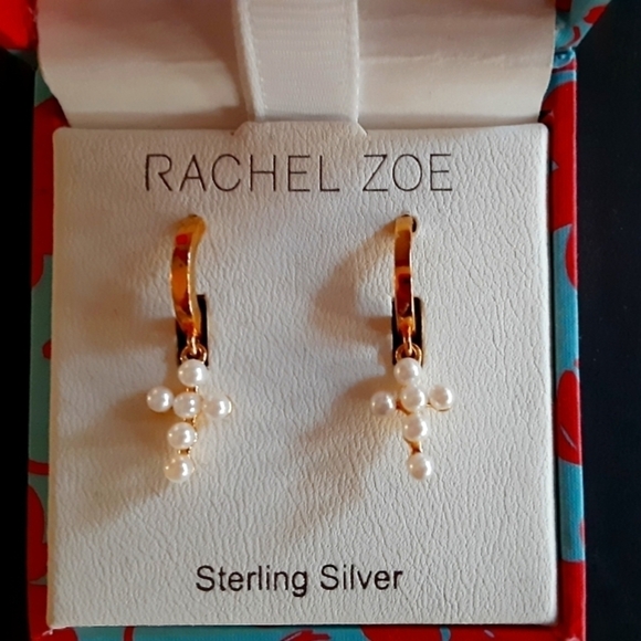 Rachel Zoe Cross Pearl Huggie Earrings New In Box - Picture 2 of 3